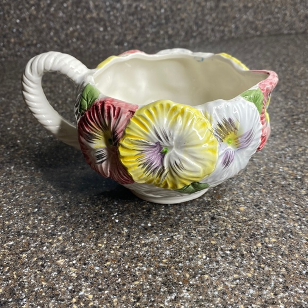 Fitz and Floyd Hand-Painted Pansy Creamer in Yellow, Pink, White, Green